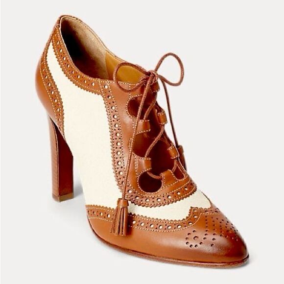 Ralph Lauren 2020 Pre-Fall Collection Scarlette Calfskin Spectator in Gold/Ecru - Picture 2 of 16